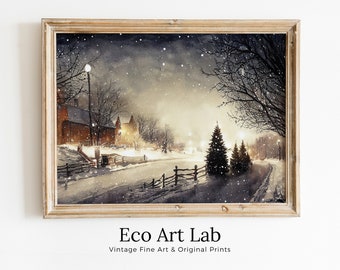 Snowy Sunset Rustic Country Print. Winter Landscape Painting. Watercolor PRINTABLE Art. Farmhouse Decor Digital Download. Vintage Style Art