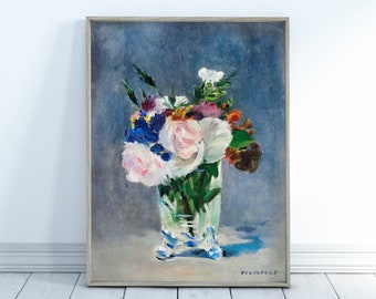 クリスタルの花瓶の花。エドゥアール・マネの植物の静物画、印刷