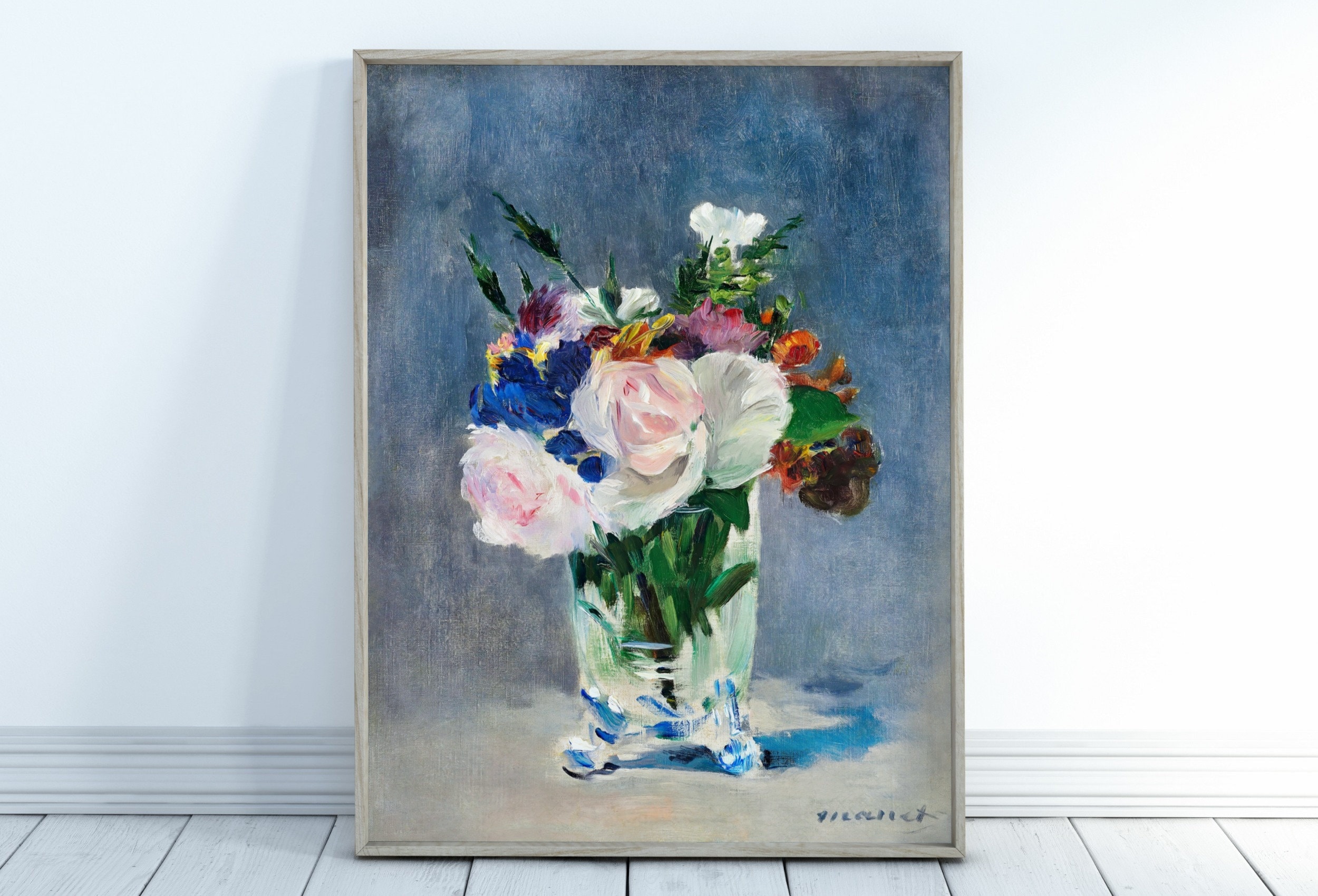 クリスタルの花瓶の花。エドゥアール・マネの植物の静物画、印刷