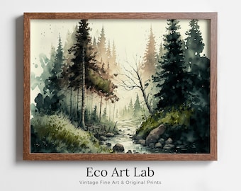 Watercolor Forest Landscape Printable. Printable Wall Art. Digital Art. Green Forest Trees Painting Print. Nature Decor. Mountain Forest Art