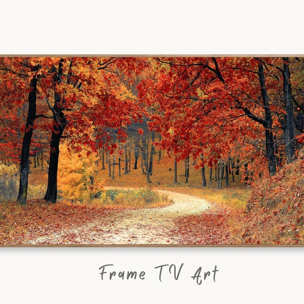 Chemin de forêt en automne. Tableau numérique de paysage. Téléchargement instantané de ce tableau automnal pour le téléviseur Samsung Frame.