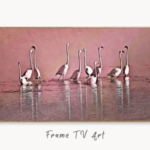 Peut inclure: Une peinture numérique d'un groupe de flamants roses se tenant dans un lac rose. Les flamants roses sont en ligne, le cou tendu et la tête inclinée vers le bas. L'eau est calme et reflète le ciel rose.