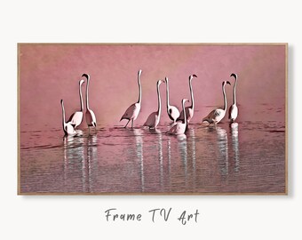 Group of Flamingos in Water Frame TV Art Digital Download, Digital Art for Tv, Colorful Art for Frame TV Tropical Bird Decor