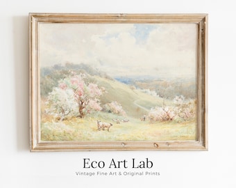 Spring Meadow Painting Vintage Landscape Print. Country Field Soft Colors Watercolor Painting Spring Landscape. Farmhouse Country Art Print