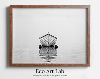Boat At Sea Print, Nautical Wall Decor, Printable Wall Art Prints, Digital Print, Black and White Print Minimalist Wall Art, Boat Print. Zen