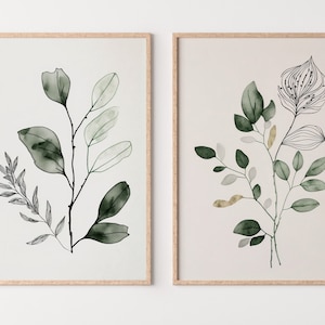 Botanical Prints Set of 2. Watercolor Sage Green Gallery Wall Art. Floral Printable Art Wild Flowers Bouquet Art. Minimal Boho Floral Prints