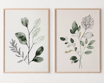 Botanical Prints Set of 2. Watercolor Sage Green Gallery Wall Art. Floral Printable Art Wild Flowers Bouquet Art. Minimal Boho Floral Prints