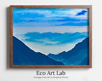 Abstract Mountain Landscape Wall Art Print. Blue Watercolor Nature Art Print. Instant Download Printable Wall Art. Mountain Digital Painting