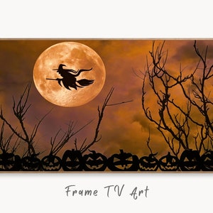 Samsung Frame TV Art 4K Bruja Decoración de Halloween. Siluetas de brujas y calabazas lunares. Descarga instantánea de Frame TV Spooky Art para Samsung Frame TV