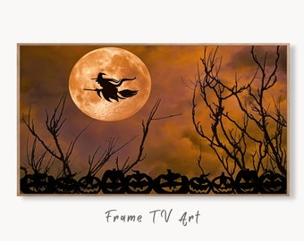 Samsung Frame TV Art 4K Witch Halloween Decor. Moon Witch & Pumpkins Silhouettes. Instant Download Frame TV Spooky Art for Samsung Frame TV