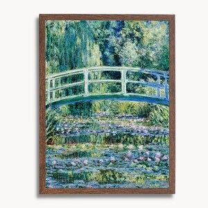 May include: A painting of a green bridge over a pond with water lilies. The bridge is made of wood and has a white railing. The pond is filled with water lilies and the water is a light blue color. The painting is done in a style that is reminiscent of Impressionism.