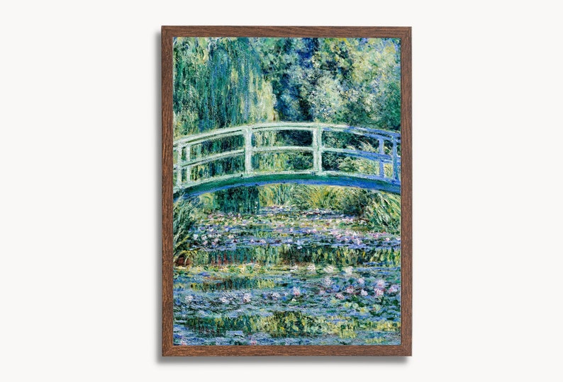 May include: A painting of a green bridge over a pond with water lilies. The bridge is made of wood and has a white railing. The pond is filled with water lilies and the water is a light blue color. The painting is done in a style that is reminiscent of Impressionism.