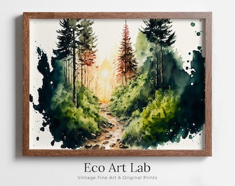 Watercolor Forest Landscape Printable. Green Forest Trees Painting Print. Printable Wall Art. Digital Art. Nature Decor. Mountain Forest Art