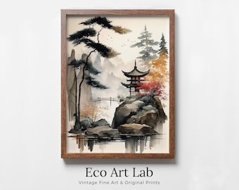 Zen Printable Wall Art. Zen Japandi Landscape. Instant Download. Watercolor Zen Art. Japanese Wall Art. Spiritual Painting. Asian Wall Art