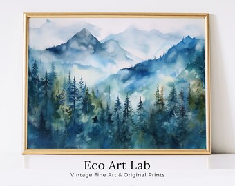 Blue Mountain Forest Art. Printable Wall Art. Watercolor Forest Landscape Printable. Forest Trees Painting Print. Digital Art. Nature Decor.