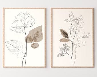 Botanical Line Art Set of 2 Prints. Neutral Wall Art Prints. Plant Prints Minimalist Modern Beige & White Wall Decor. Printable Wall Art. #1