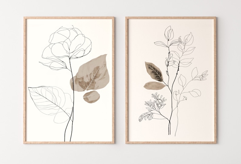 Botanical Line Art Set of 2 Prints. Neutral Wall Art Prints. Plant ...