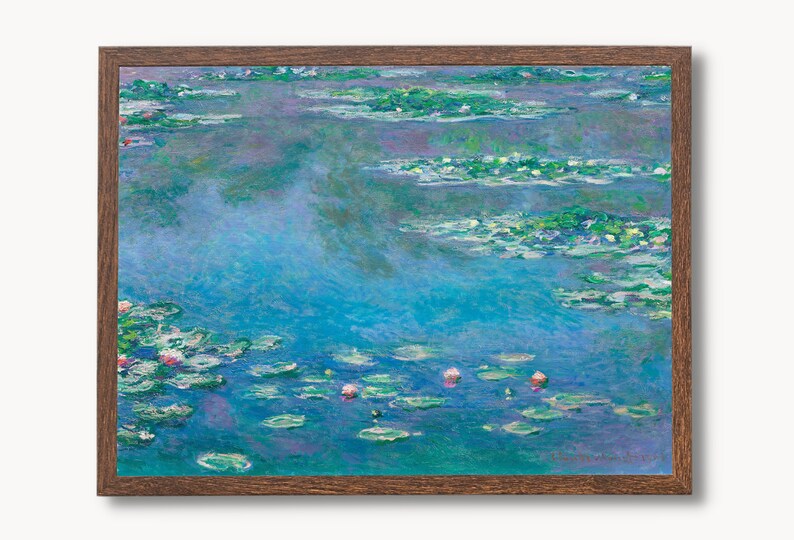 May include: A painting of a pond with water lilies and pink flowers. The water is a light blue color and the lilies are green. The painting is framed in a brown wood frame.