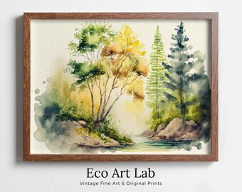 Watercolor Forest River Landscape Printable. Forest Trees Painting Print. Printable Wall Art. Digital Art. Nature Decor. Abstract Forest Art