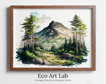 Forest & Mountain Watercolor Painting Print. Forest Landscape Printable. Printable Wall Art. Digital Art. Nature Decor. Mountain Forest Art