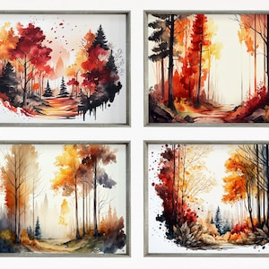 Set of 4 Watercolor Fall Forests Landscapes Printable Wall Art. Nature Decor Gallery Wall Set. Digital Art Green Forest Trees Painting Print