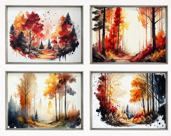 Set of 4 Watercolor Fall Forests Landscapes Printable Wall Art. Nature Decor Gallery Wall Set. Digital Art Green Forest Trees Painting Print
