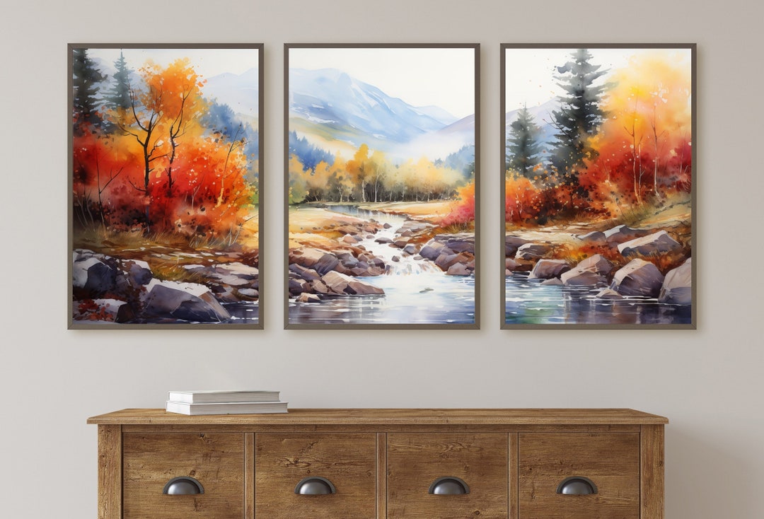 Fall Forest & River 3 Piece Wall Art | Watercolor Autumn Landscape ...