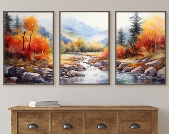 Fall Forest & River 3 Piece Wall Art | Watercolor Autumn Landscape | Abstract Nature Print | Modern Colorful Decor | Pine Forest Wall Art