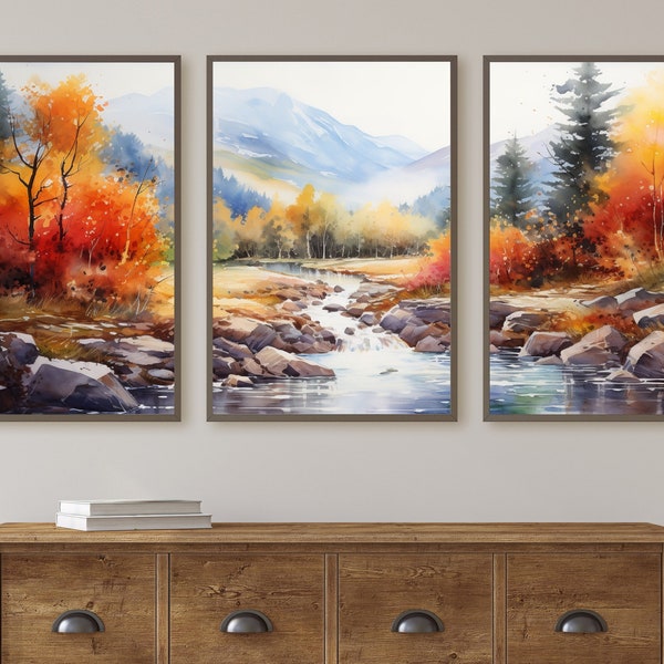 Fall Forest & River 3 Piece Wall Art | Watercolor Autumn Landscape | Abstract Nature Print | Modern Colorful Decor | Pine Forest Wall Art
