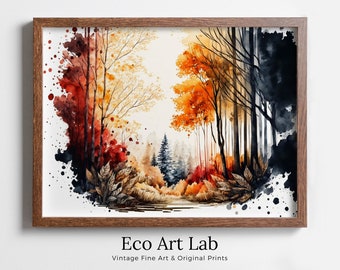 Autumn Forest Trees Painting Print. Watercolor Forest Landscape Printable. Printable Wall Art. Digital Art Nature Decor. Mountain Forest Art