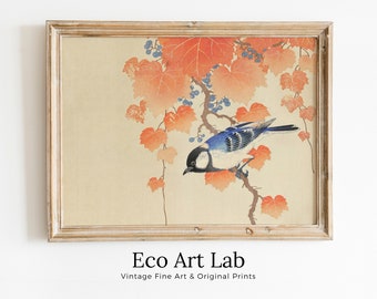 Blue Bird on Branch Vintage Japanese Painting. Japanese Wall Art Printable Poster. 20th Century Japanese Vintage Wall Art, Bird Asian Art