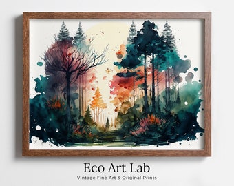 Abstract Colorful Forest Trees Painting. Printable Wall Art. Nature Decor Print. Watercolor Forest Landscape Printable Painting. Forest Art