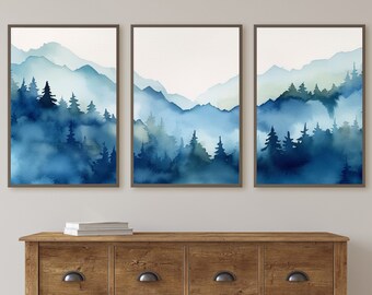 Mountain Print Set of 3 | Watercolor Blue Mountain | Abstract Landscape | Nature Print Set | Modern Minimal Decor | Pine Forest Wall Art