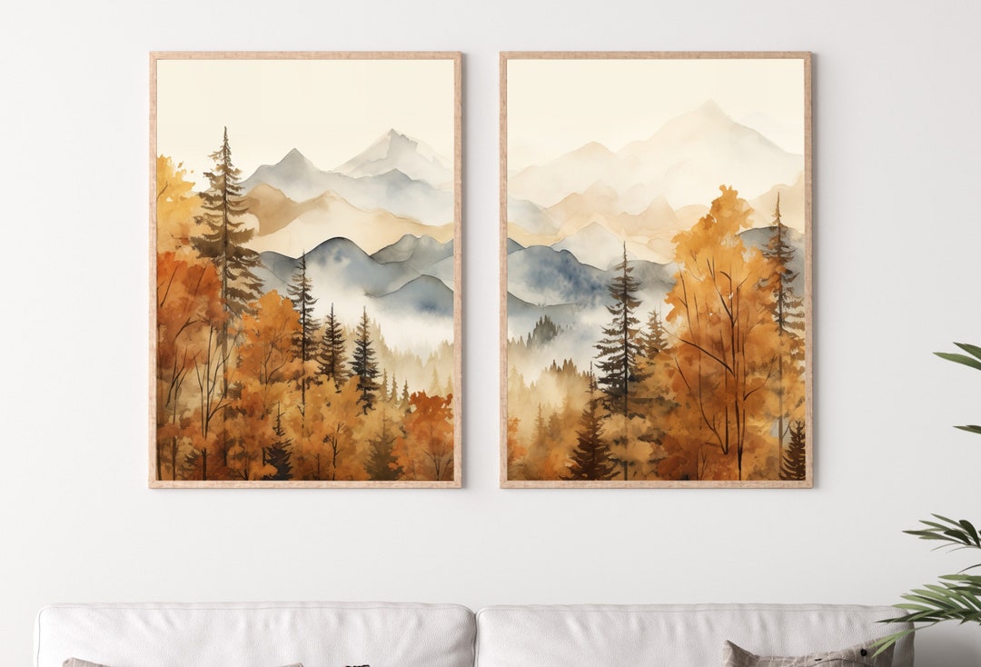Fall Watercolor Forest Mountain Landscape Printable. Printable Wall Art ...