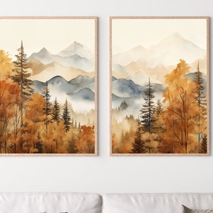 Herbst Aquarell Wald Berglandschaft Printable. Druckbare Kunst. Set aus 2 Drucken. Herbst Wald Bäume Malerei. Natur Dekor.