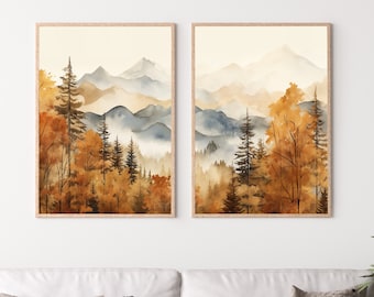 Fall Watercolor Forest Mountain Landscape Printable. Printable Wall Art. Set of 2 Prints. Autumn Forest Trees Painting. Nature Decor.