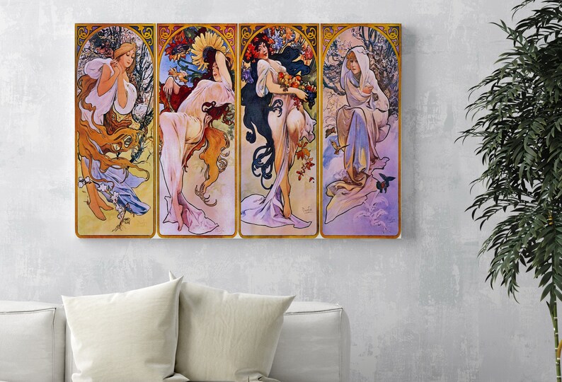 May include: A four-panel painting depicting the four seasons. Each panel features a woman in a flowing gown, surrounded by flowers and foliage. The panels are arranged in a horizontal row, with spring on the left, summer in the centre, autumn to the right, and winter on the far right.