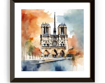 Printable Wall Art | Paris Notre Dame Watercolor Decor | Modern Minimalist Square Home Digital Download