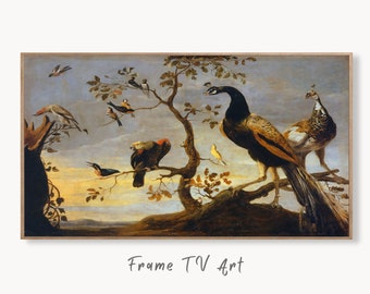 Samsung Frame TV 4K: Group of Birds Perched on Branches. Oil Vintage Painting (1630)