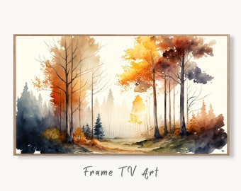 Samsung Frame TV Art 4K Fall Forest Nature Watercolor Landscape Digital Painting. Instant Download Forest Art for Samsung Frame TV. TV Art