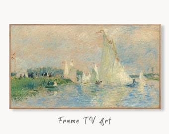 Samsung Frame TV Art 4K Boats on Shore Painting by Auguste Renoir. Famous Antique Oil Painting. Coastal Landscape Vintage Art for Frame TV