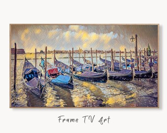 Venice Gondolas on Canal Landscape Painting, Frame TV Art Digital Download, Digital Art for Tv, Colorful Art for Frame TV
