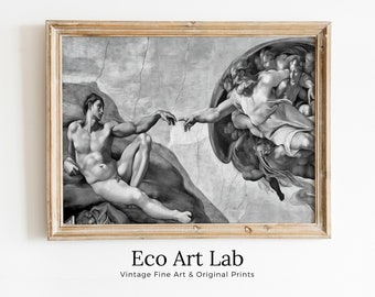 Michelangelo The Creation of Adam Famous Painting Altered in Black & White. PRINTABLE Vintage Classic Painting Reproduction Downloadable Art