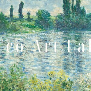 May include: A painting of a river scene with trees and a blue sky. The water is painted in a textured style with brushstrokes. The text "Eco Art Lab" is in the center of the image.