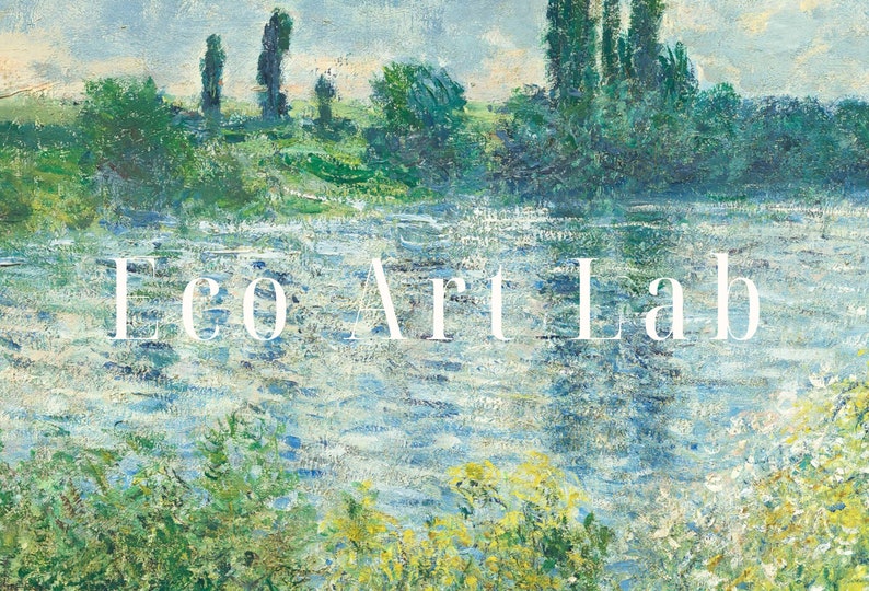 May include: A painting of a river scene with trees and a blue sky. The water is painted in a textured style with brushstrokes. The text "Eco Art Lab" is in the center of the image.