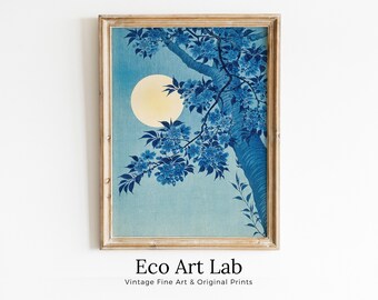 Vintage Japanese Blossoming Cherry and Full Moon Blue Painting Printable Wall Art. Antique Japanese Art. Botanical Print Floral Wall Decor