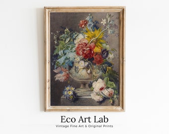 Vintage Botanical Still Life Painting. Printable Bouquet of Flowers in Vase Still Art Vintage Print. Antique Retro Artwork Instant Download