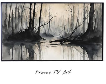 Black Grey Art for Samsung Frame TV I Dark Watercolor Minimalist Landscape I Unique Frame TV Art for Modern Decor