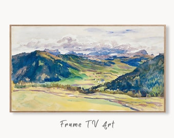 Samsung Frame TV Art 4K Vintage Mountain Landscape Watercolor Valley Wall Art. Instant Download Mountain Painting. Nature Art for Frame TV