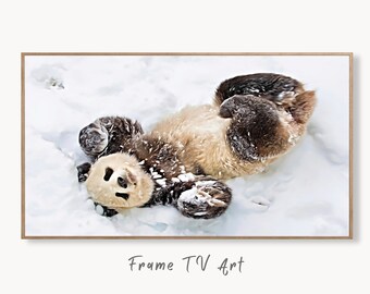 Samsung Frame TV Art 4K Panda Rolling in Snow, Digital Art Wall Decor. Instant Download Panda Bear Art for the Frame TV. Cute Art for TV